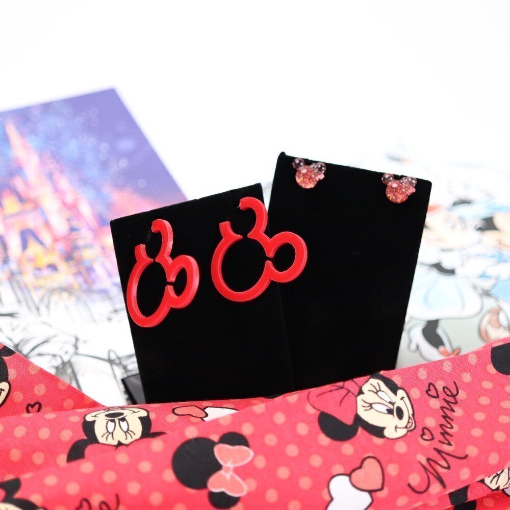 Disney‎ Mickey Minnie Mouse Earring Set Red Acrylic Hoops Pink Glitter Studs